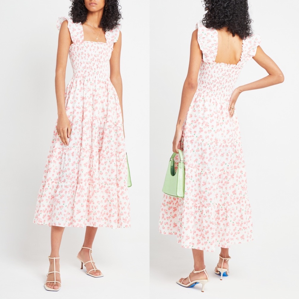 Kourt Calypso Printed Cherries Pink & White Tiered Maxi Dress